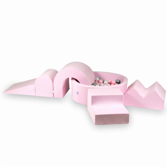 Ensemble de jeu en mousse avec piscine ronde 90x30 Rose Poudré + 5 éléments + 200 balles (transparent, blanc, menthe, bleu bébé)