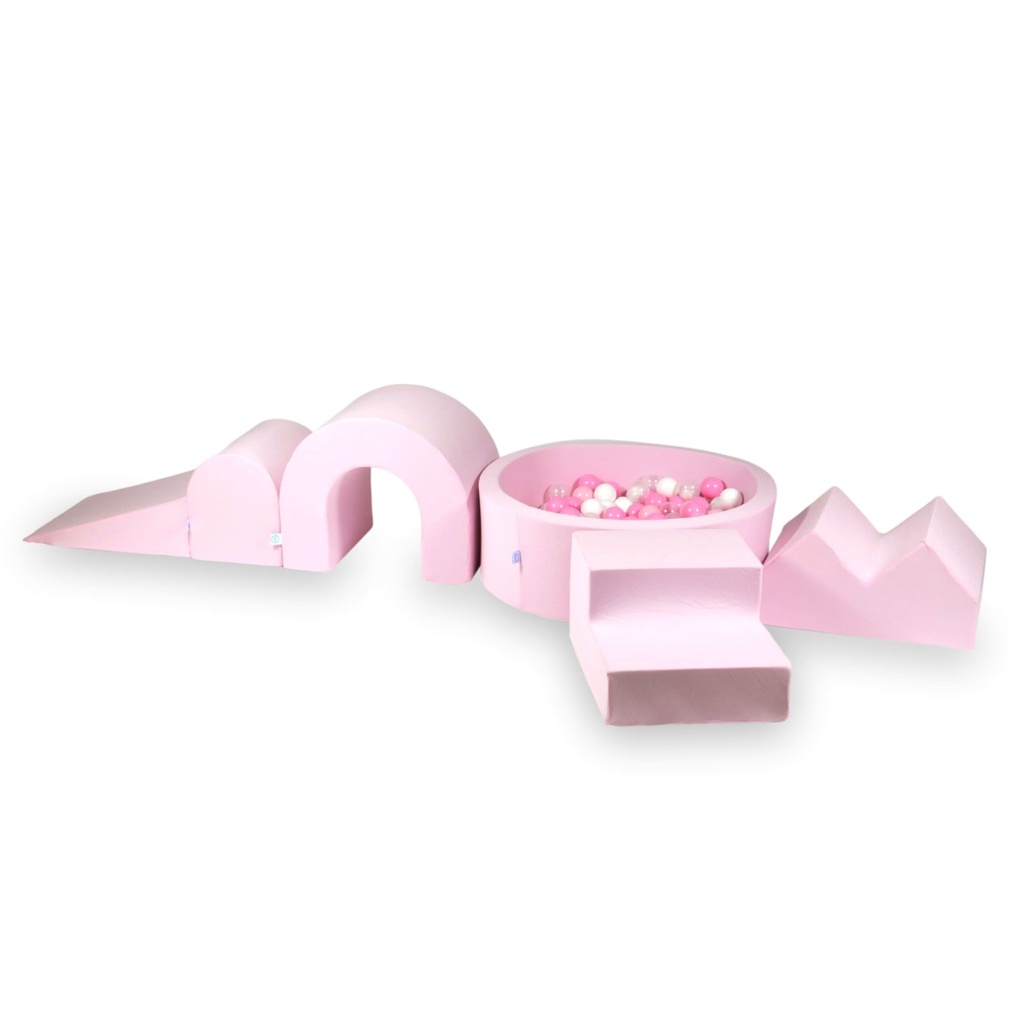 Ensemble de jeu en mousse avec piscine ronde 90x30 Rose Poudré + 5 éléments + 200 balles (transparent, blanc, rose bébé, menthe, beige)