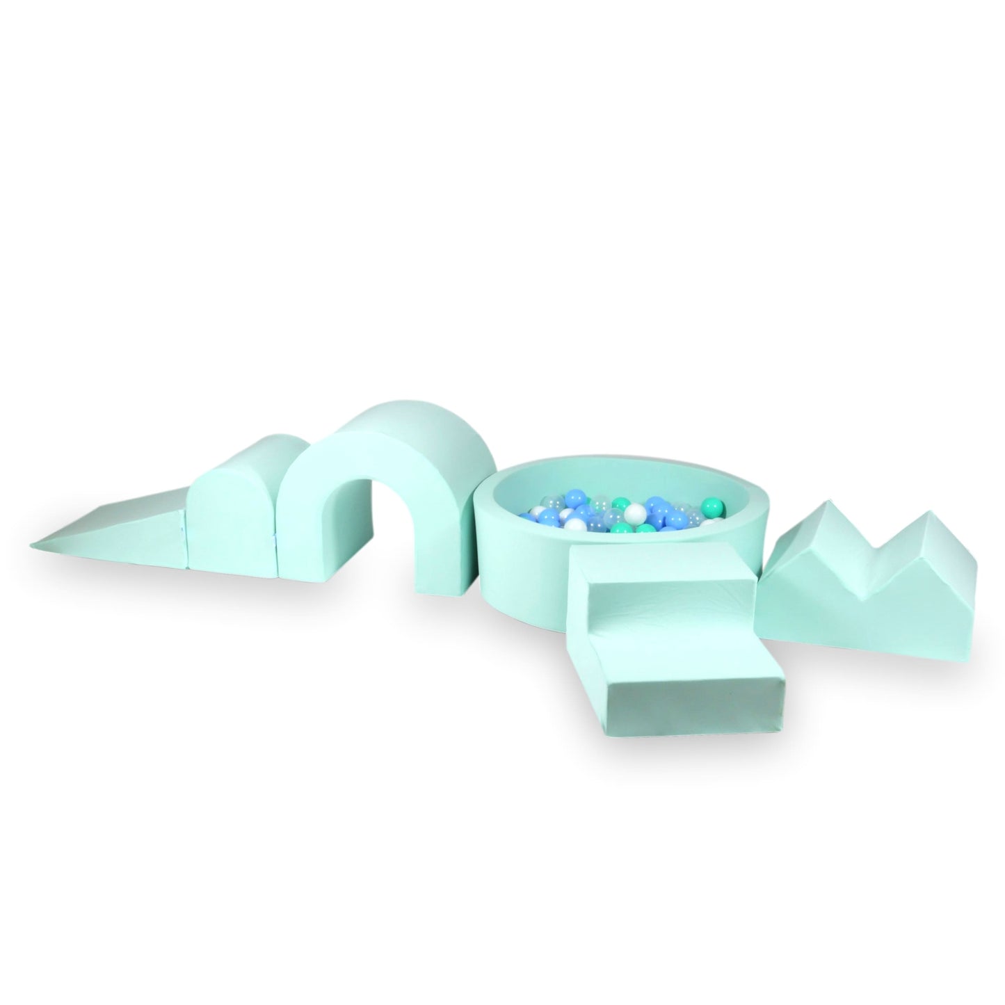Jeu en mousse avec piscine ronde 90x30 Menthe + 5 éléments + 200 balles (transparent, blanc, menthe, bleu bébé)