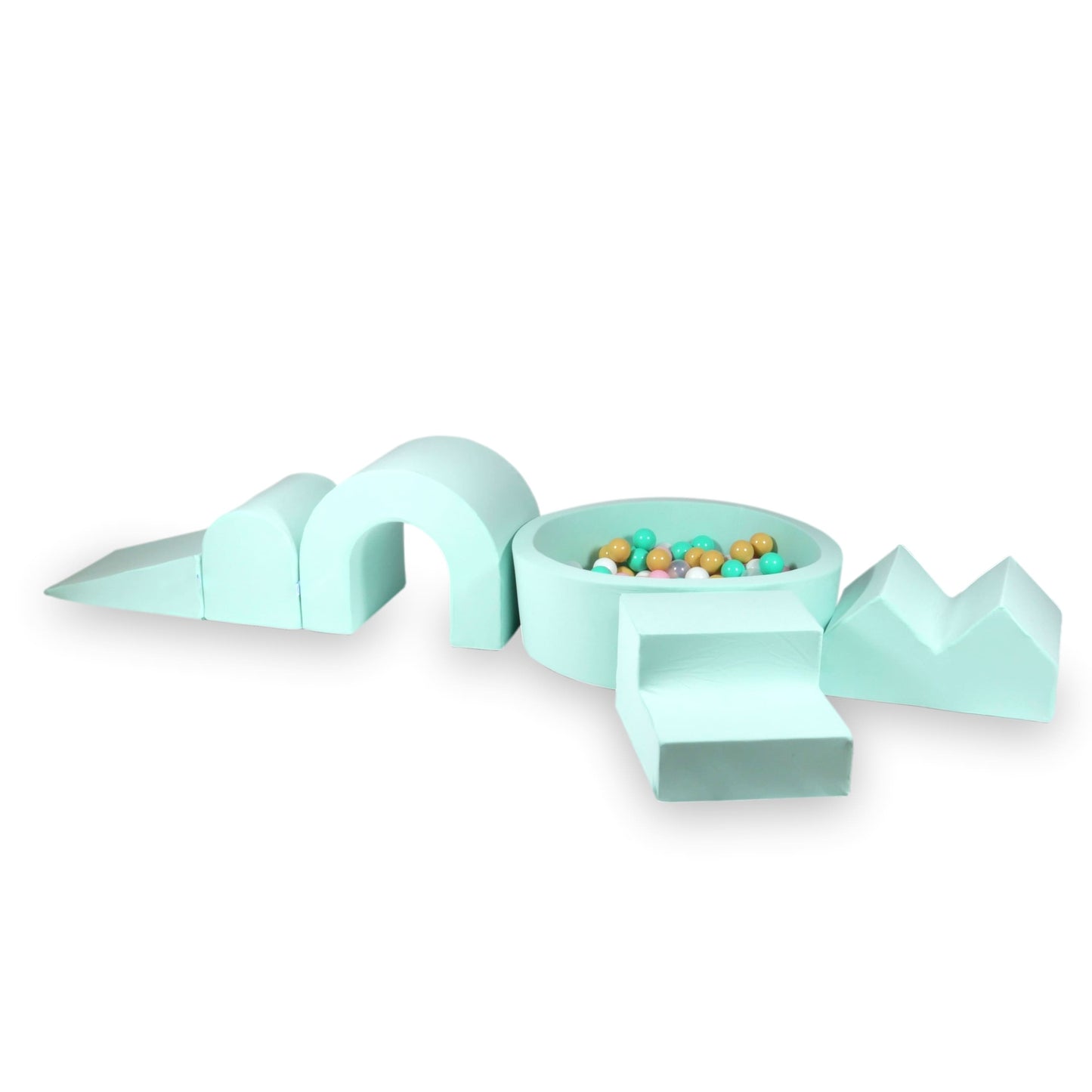 Ensemble de jeu en mousse avec piscine ronde 90x30 Menthe + 5 éléments + 200 balles (transparent, blanc, rose bébé, menthe, beige)