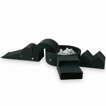 Jeu en mousse avec piscine ronde 90x30 Graphite + 5 éléments + 200 balles (transparent, perle, argent)