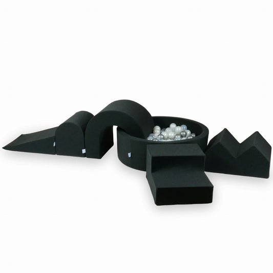 Jeu en mousse avec piscine ronde 90x30 Graphite + 5 éléments + 200 balles (transparent, perle, argent)
