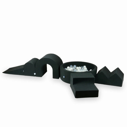 Jeu en mousse avec piscine ronde 90x30 Graphite + 5 éléments + 200 balles (transparent, perle, argent)