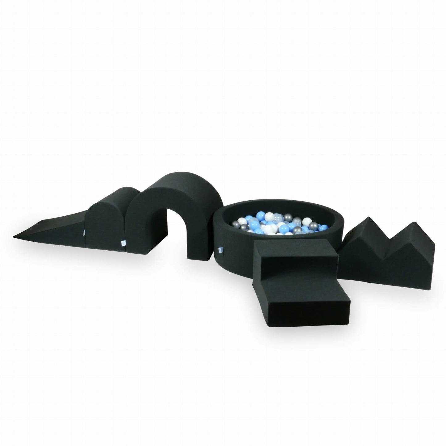 Jeu en mousse avec piscine ronde 90x30 Graphite + 5 éléments + 200 balles (transparent, blanc, argent, bleu bébé)