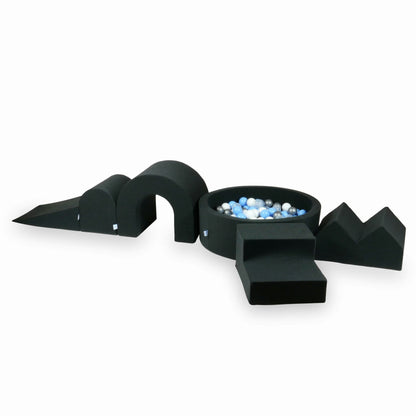 Jeu en mousse avec piscine ronde 90x30 Graphite + 5 éléments + 200 balles (transparent, blanc, argent, bleu bébé)