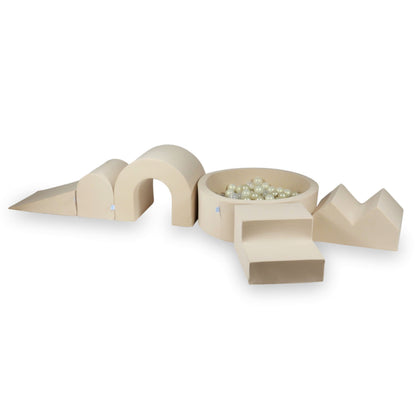 Jeux en mousse avec piscine ronde 90x30 Beige + 5 éléments + 200 balles (transparent, doré clair, effet sirène)
