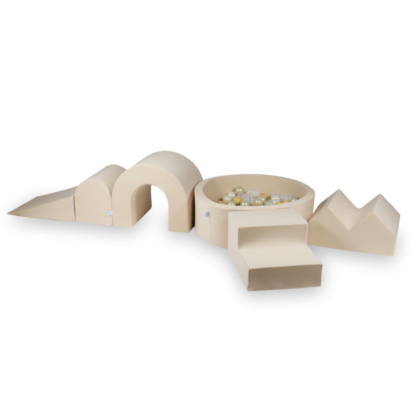 Jeux en mousse avec piscine ronde 90x30 Beige + 5 éléments + 200 balles (transparent, beige, doré clair, effet sirène)