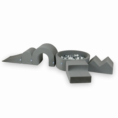 Ensemble de jeux en mousse avec piscine ronde 90x30 Gris + 5 éléments + 200 balles (blanc, argent)