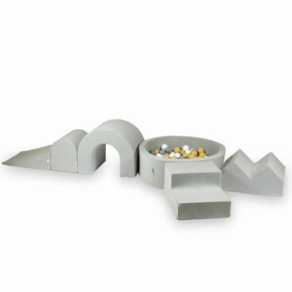 Jeux en mousse avec piscine ronde 90x30 Gris Clair + 5 éléments + 200 balles (blanche, grise, beige)