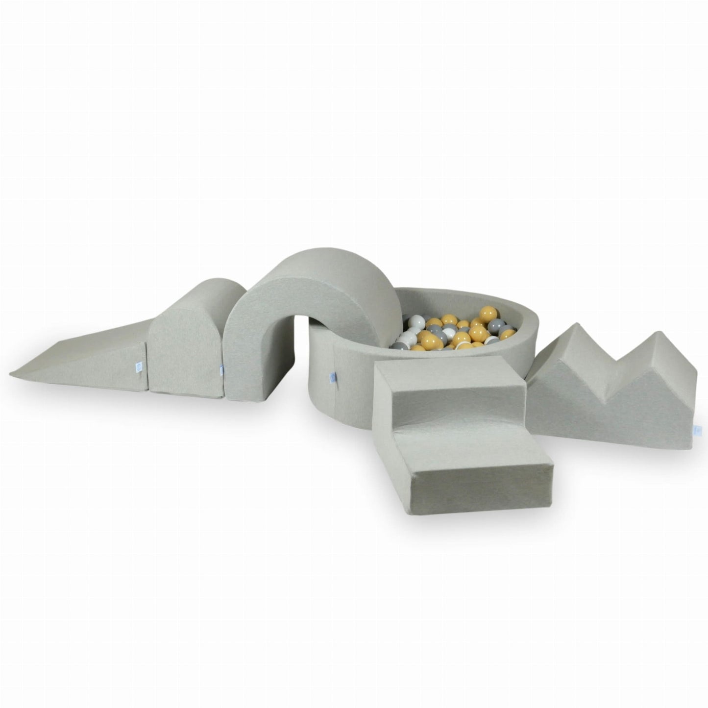 Jeux en mousse avec piscine ronde 90x30 Gris Clair + 5 éléments + 200 balles (blanche, grise, beige)