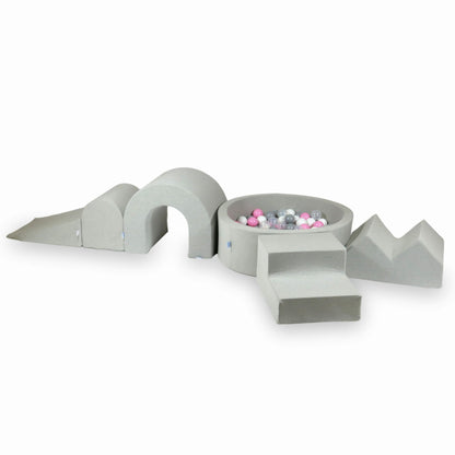 Ensemble de jeu en mousse avec piscine ronde 90x30 Gris Clair + 5 éléments + 200 balles (transparent, blanc, gris, rose poudré)