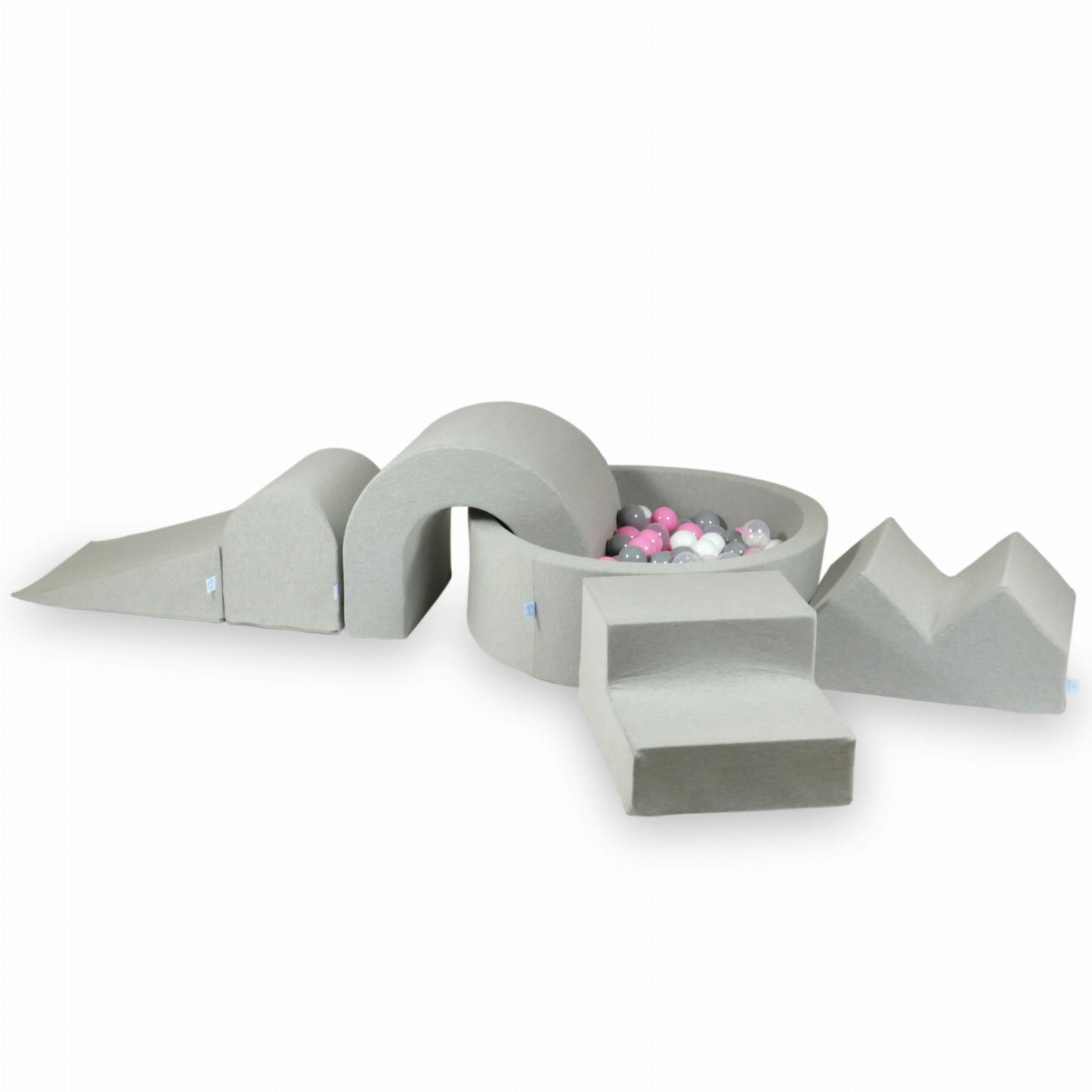Ensemble de jeu en mousse avec piscine ronde 90x30 Gris Clair + 5 éléments + 200 balles (transparent, blanc, gris, rose poudré)