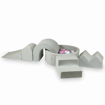 Ensemble de jeu en mousse avec piscine ronde 90x30 Gris Clair + 5 éléments + 200 balles (transparent, blanc, gris, rose poudré)