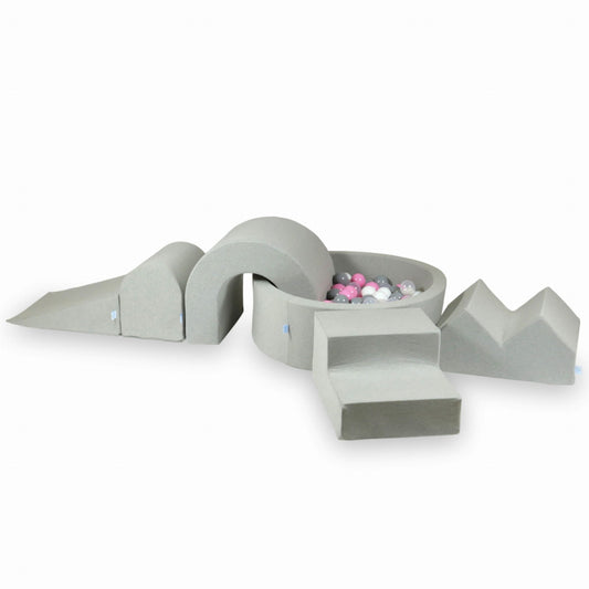 Ensemble de jeu en mousse avec piscine ronde 90x30 Gris Clair + 5 éléments + 200 balles (transparent, blanc, gris, rose poudré)