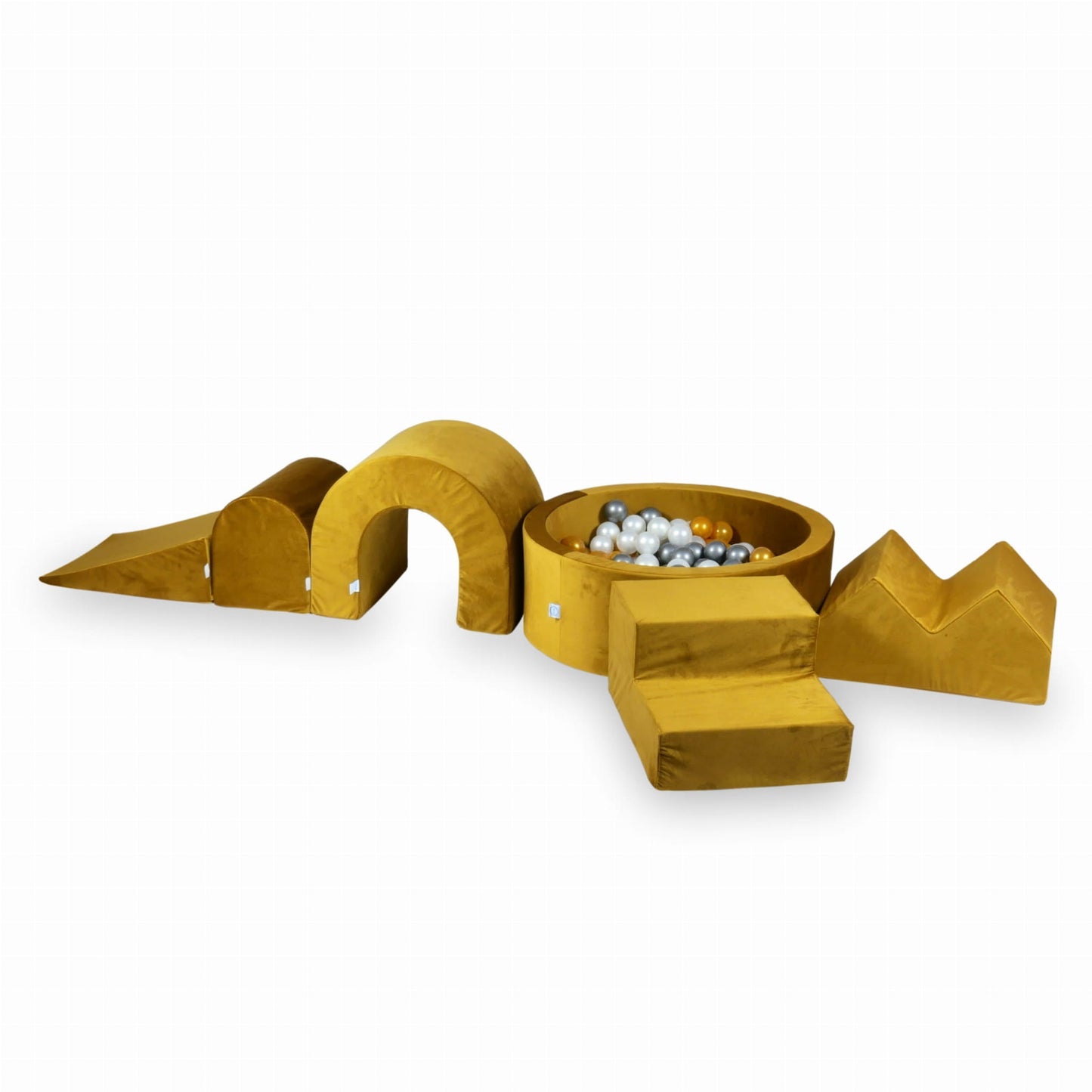 Jeu en mousse avec piscine ronde 90x30 Velvet Gold + 5 éléments + 200 balles (perle, argent, or)