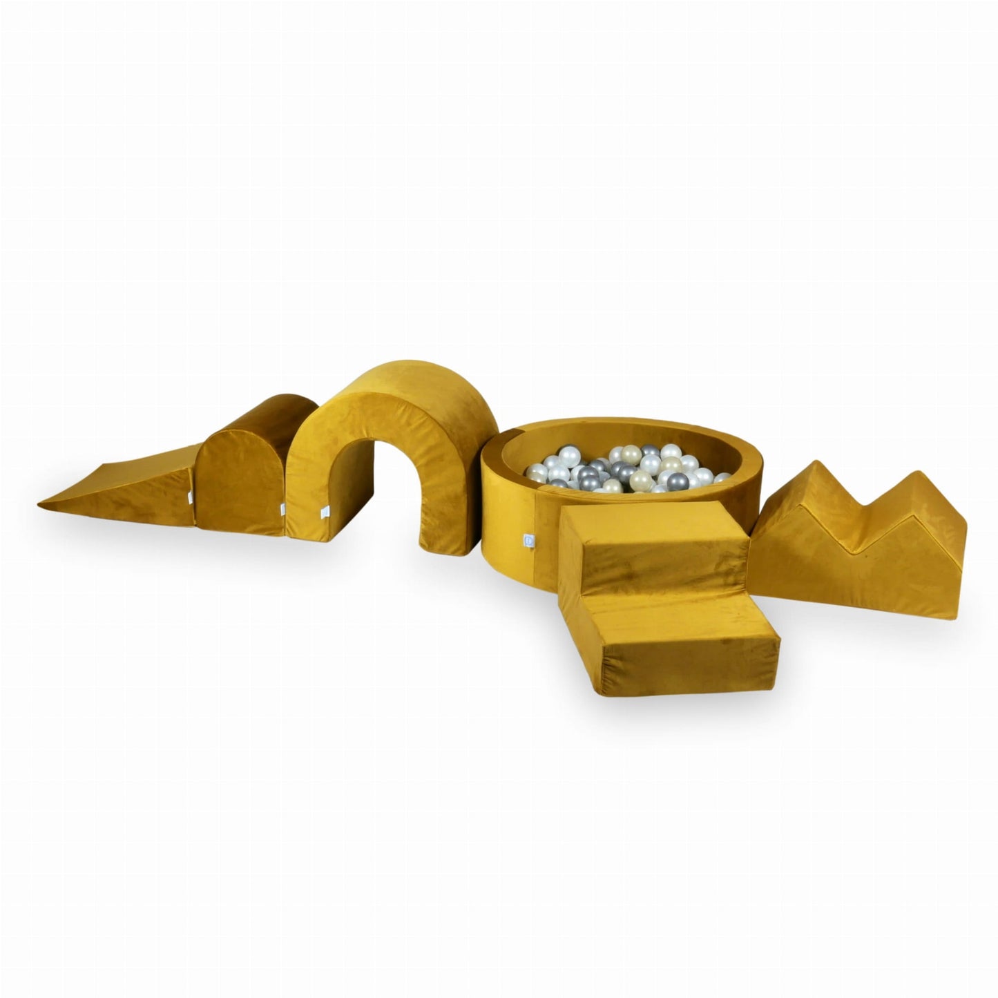 Jeu en mousse avec piscine ronde 90x30 Velvet Gold + 5 éléments + 200 balles (perle, argent, or clair)