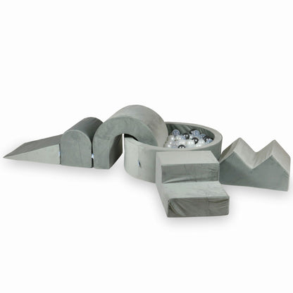 Ensemble de jeux en mousse avec piscine ronde 90x30 Gris Velours + 5 éléments + 200 balles (transparent, nacré, graphite métallisé)
