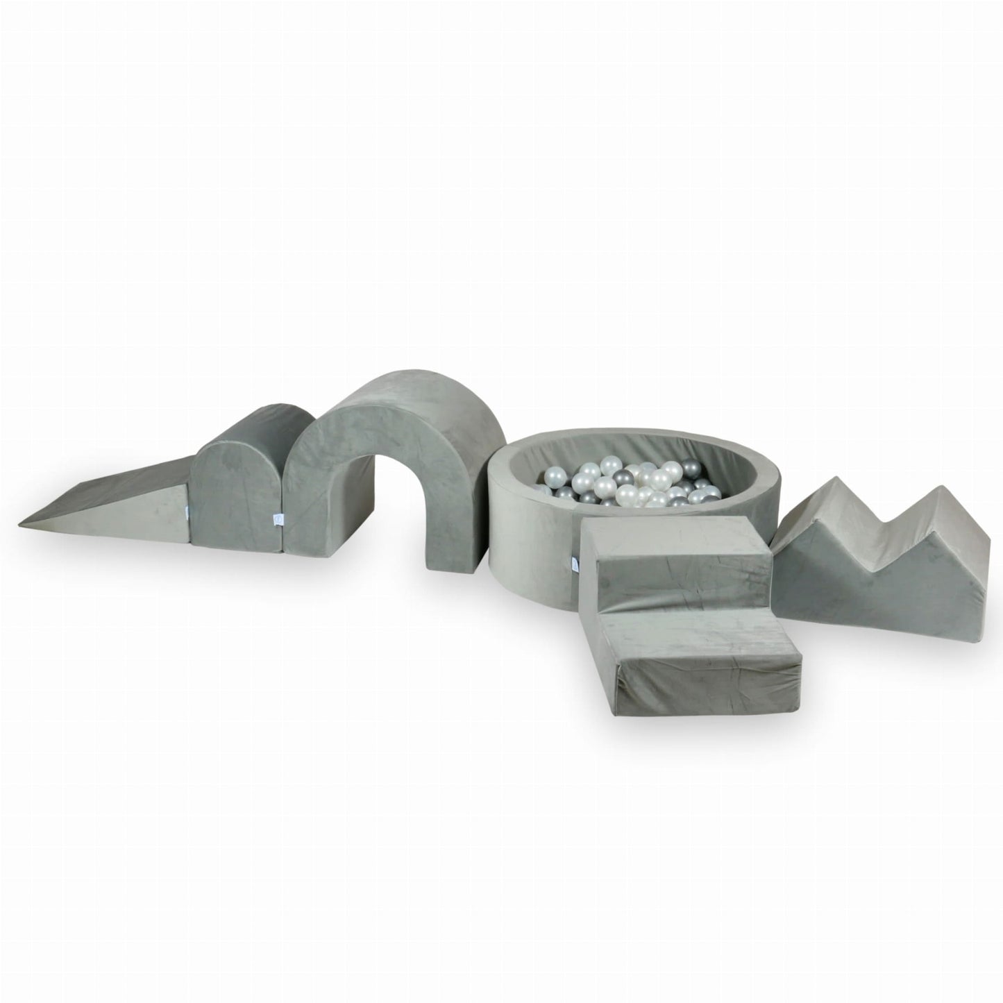 Ensemble de jeux en mousse avec piscine ronde 90x30 Velours Gris + 5 éléments + 200 balles (perle, argent)