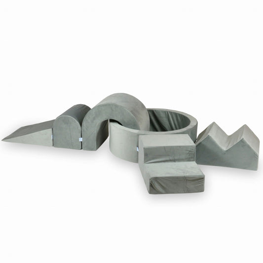 Ensemble de jeux en mousse avec piscine ronde 90x30 Gris Velours + 5 éléments sans balles