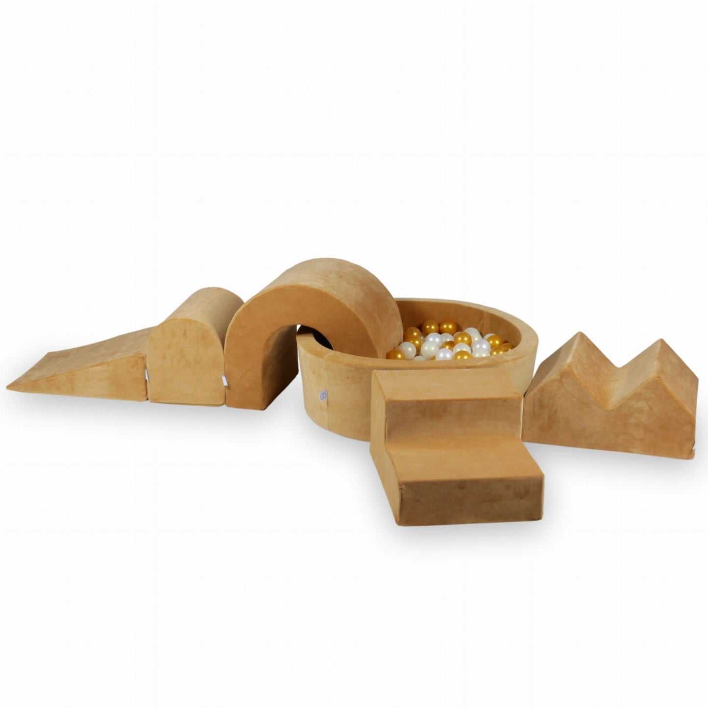Jeu en mousse avec piscine ronde 90x30 Velvet Soft Carmel + 5 éléments + 200 balles (or, perle)
