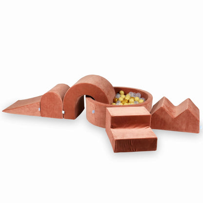 Jeu en mousse avec piscine ronde 90x30 Velvet Soft Canyon Clay + 5 éléments + 200 balles (transparent, beige, doré)