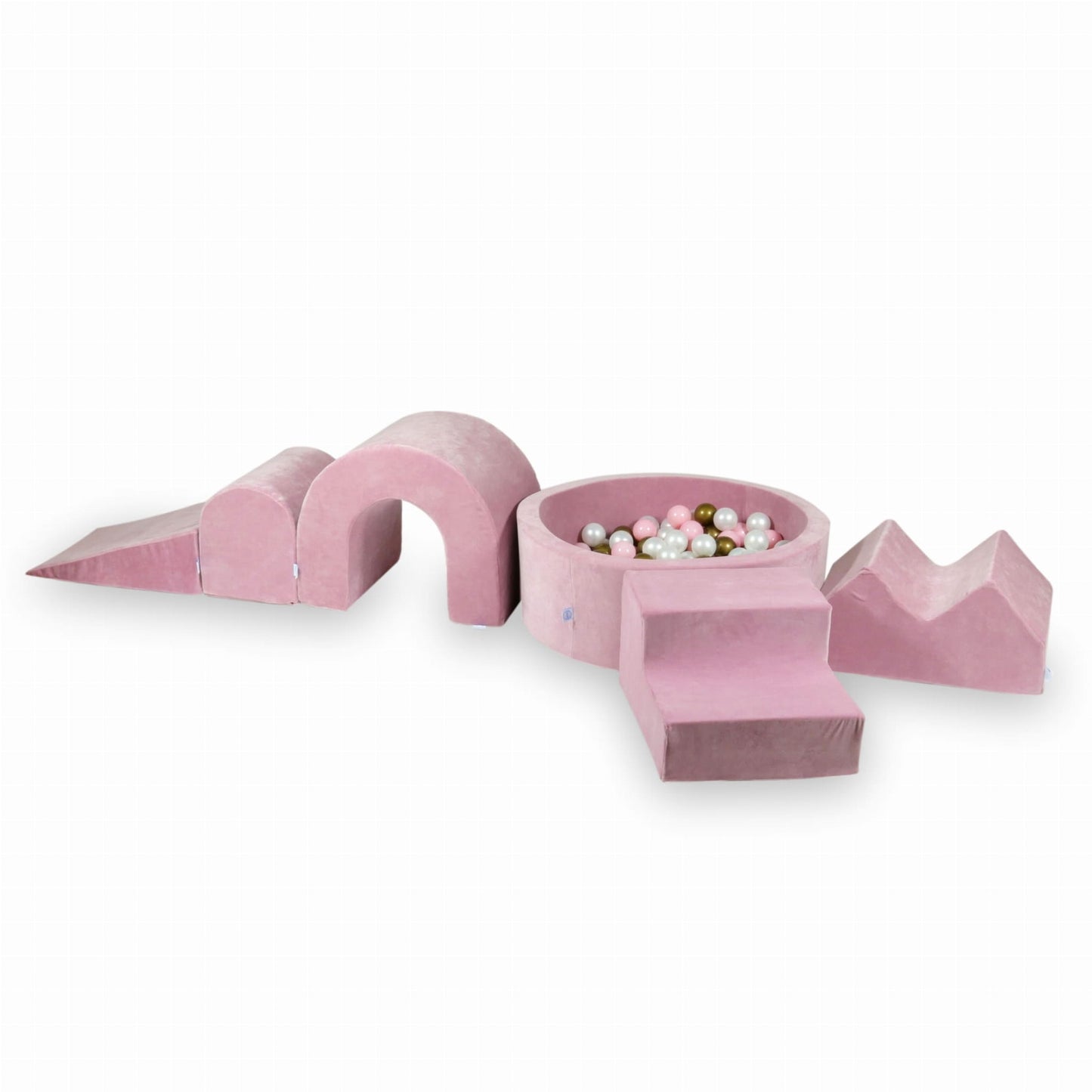Ensemble de jeu en mousse avec piscine ronde 90x30 Velvet Soft Pink + 5 éléments + 200 balles (perle, rose bébé, vieil or)