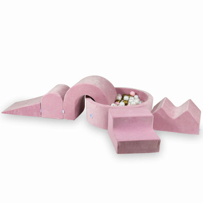 Ensemble de jeu en mousse avec piscine ronde 90x30 Velvet Soft Pink + 5 éléments + 200 balles (perle, rose bébé, vieil or)