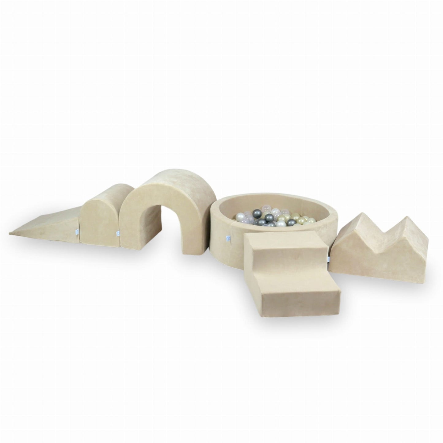 Ensemble de jeux en mousse avec piscine ronde 90x30 Velvet Soft Beige + 5 éléments + 200 balles (transparent, perle, argent, or clair)