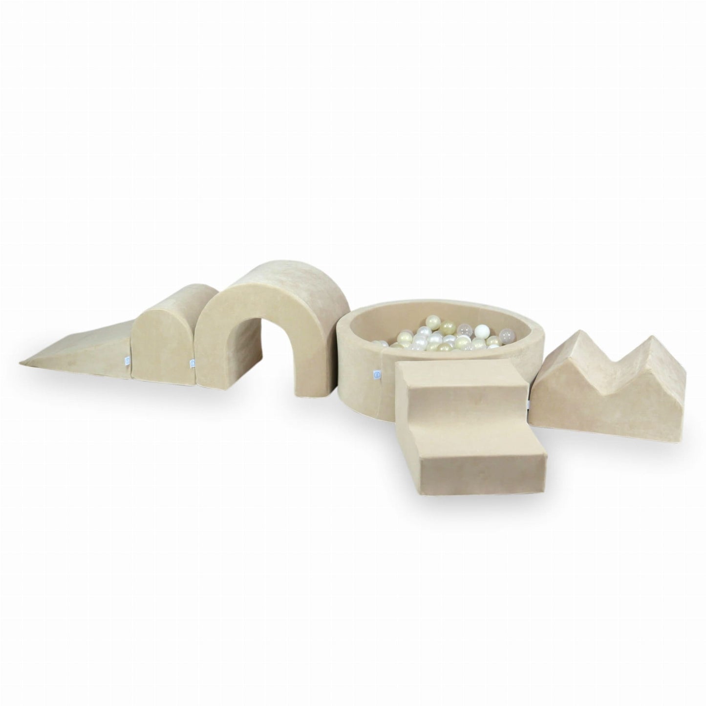 Ensemble de jeux en mousse avec piscine ronde 90x30 Velvet Soft Beige + 5 éléments + 200 balles (transparent, blanc, perle, or clair)
