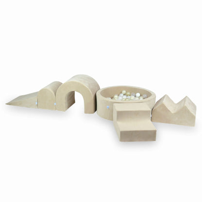 Ensemble de jeux en mousse avec piscine ronde 90x30 Velvet Soft Beige + 5 éléments + 200 balles (transparent, blanc, perle, or clair)