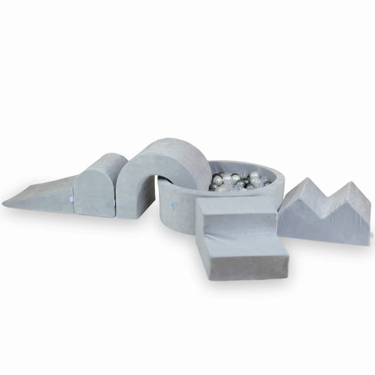 Ensemble de jeu en mousse avec piscine ronde 90x30 Velvet Soft Light Grey + 5 éléments + 200 balles (transparent, perle, argent, graphite métallisé)