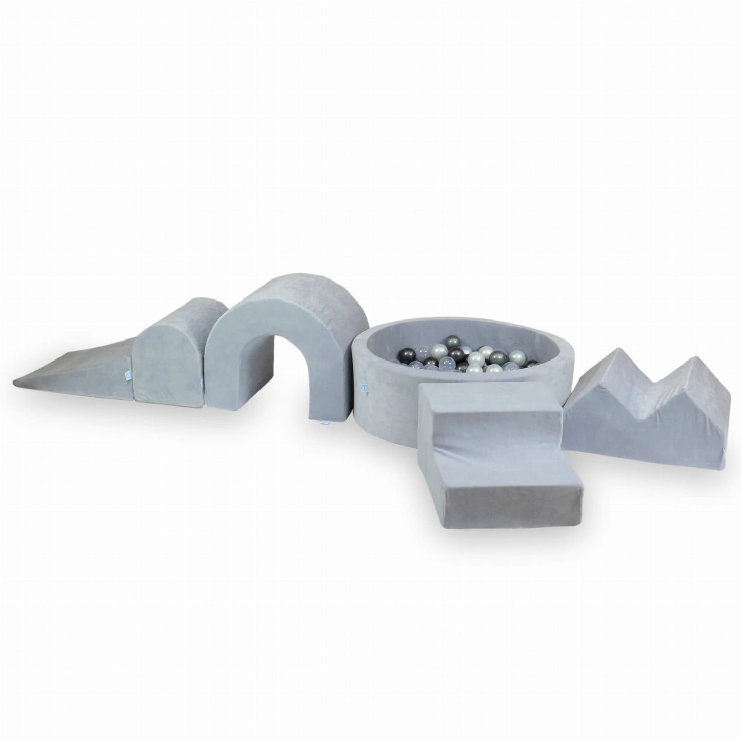 Ensemble de jeu en mousse avec piscine ronde 90x30 Velvet Soft Light Grey + 5 éléments + 200 balles (transparent, perle, argent, graphite métallisé)