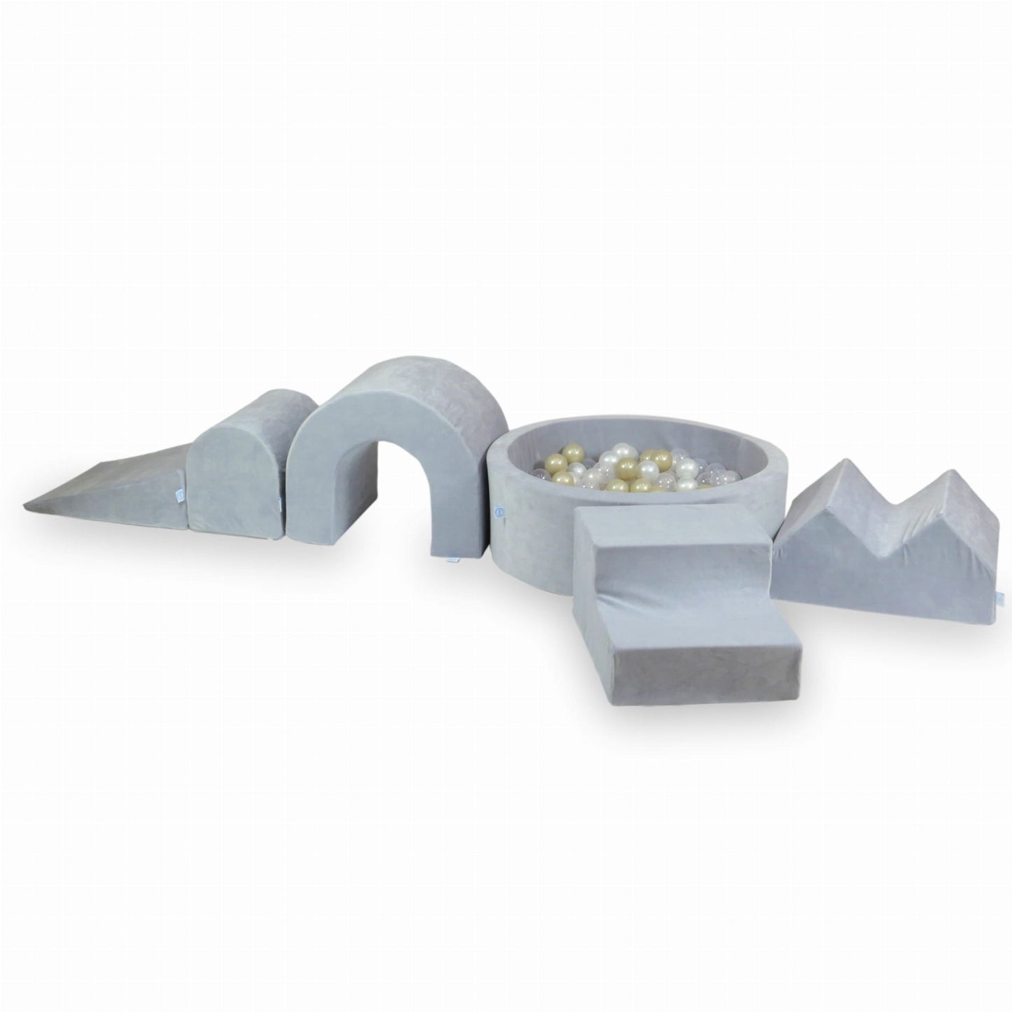 Ensemble de jeu en mousse avec piscine ronde 90x30 Velvet Soft Light Grey + 5 éléments + 200 balles (transparent, perle, or clair)