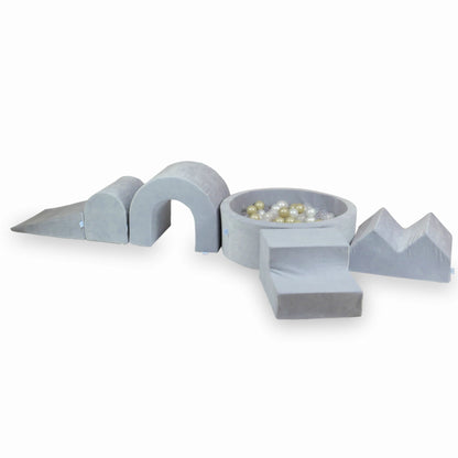 Ensemble de jeu en mousse avec piscine ronde 90x30 Velvet Soft Light Grey + 5 éléments + 200 balles (transparent, perle, or clair)