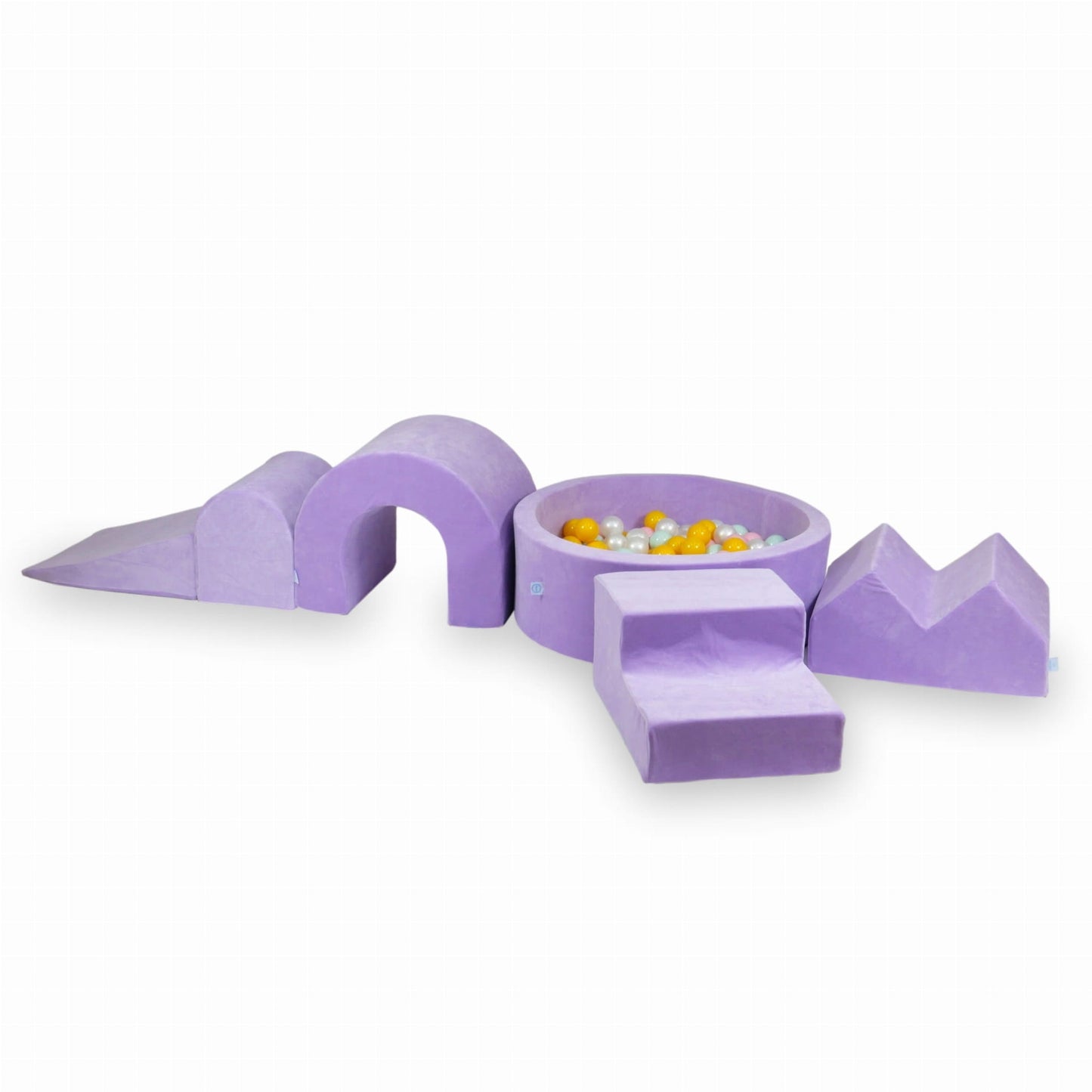 Ensemble de jeu en mousse avec piscine ronde 90x30 Velvet Soft Violet + 5 éléments + 200 balles (perle, rose bébé, jaune, menthe clair)