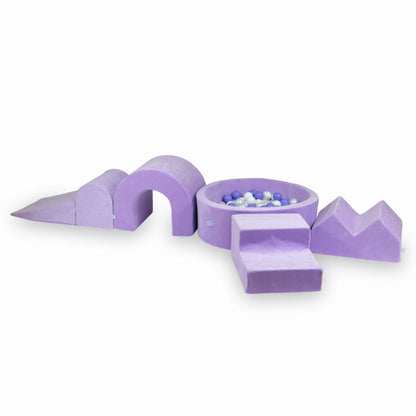 Ensemble de jeu en mousse avec piscine ronde 90x30 Velvet Soft Violet + 5 éléments + 200 balles (blanc, perle, chiné)