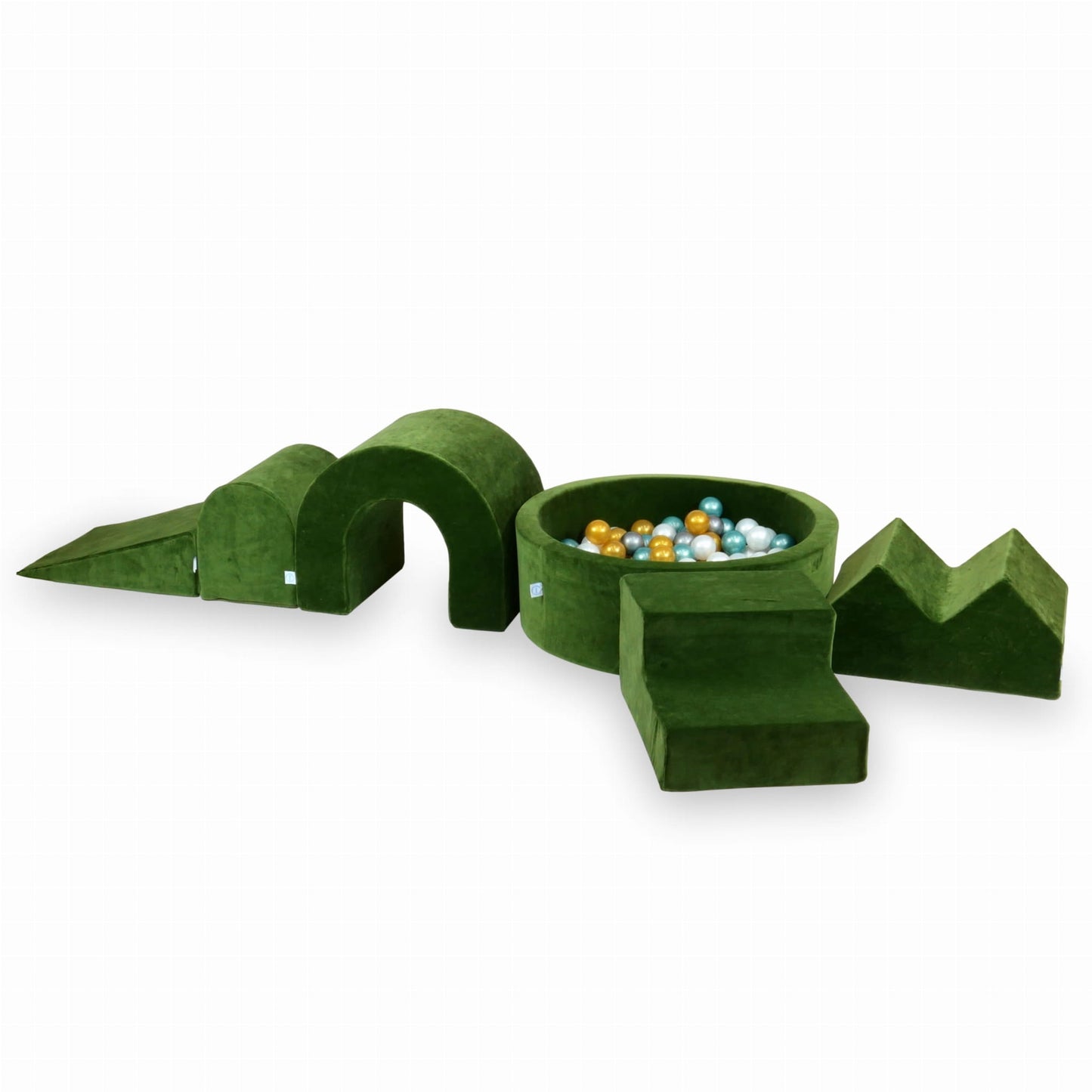 Jeu en mousse avec piscine ronde 90x30 Velvet Soft Olive + 5 éléments + 200 balles (perle, argent, or, turquoise métallisé)