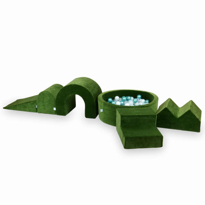 Ensemble de jeu en mousse avec piscine ronde 90x30 Velvet Soft Olive + 5 éléments + 200 balles (transparent, perle, turquoise métallisé)