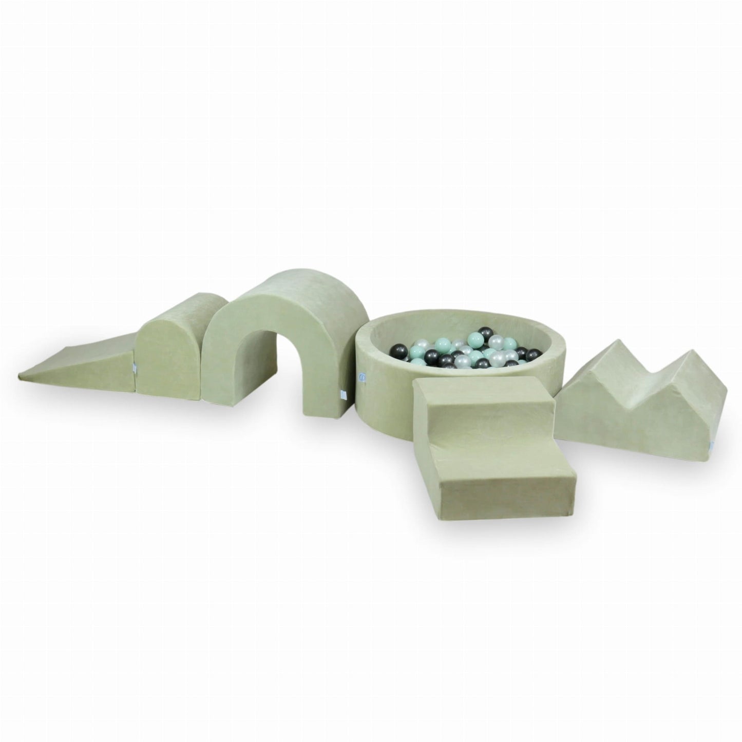 Ensemble de jeu en mousse avec piscine ronde 90x30 Velvet Soft Light Mint + 5 éléments + 200 balles (perle, menthe clair, graphite métallisé)