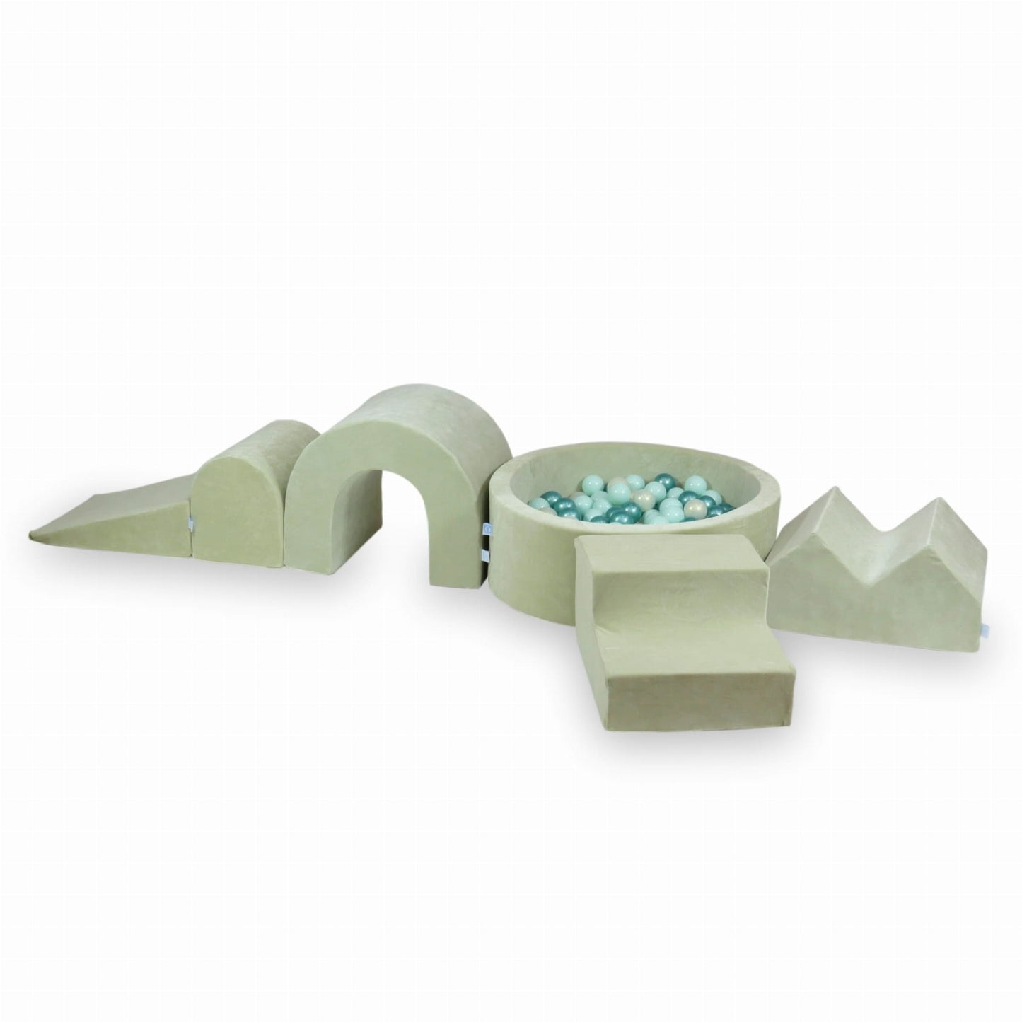 Ensemble de jeux en mousse avec piscine ronde 90x30 Velvet Soft Light Mint + 5 éléments + 200 balles (menthe clair, effet sirène, turquoise métallisé)