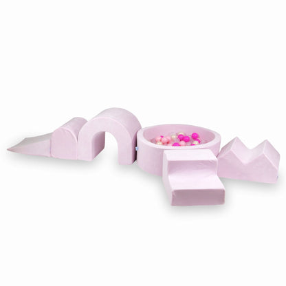 Ensemble de jeu en mousse avec piscine ronde 90x30 Velvet Soft Light Pink + 5 éléments + 200 balles (transparent, effet sirène, rose bébé, rose)
