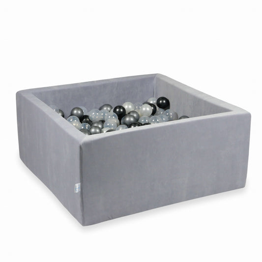 Piscine à Balles 90x90x40cm Velvet Soft Light Grey avec balles 400pcs (perle, transparent, graphite métallique, argent)