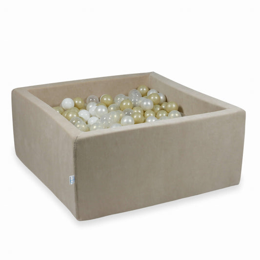 Piscine à Balles 90x90x40cm Velours Doux Beige avec boules 400pcs (transparent, blanc, perle, or clair, effet sirène)