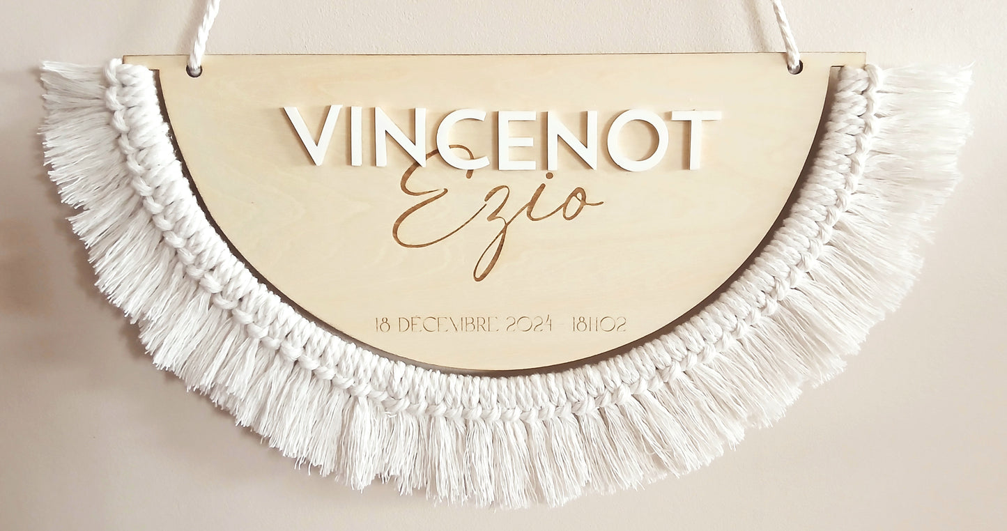 Plaque de Naissance Personnalisée | Bois & Macramé