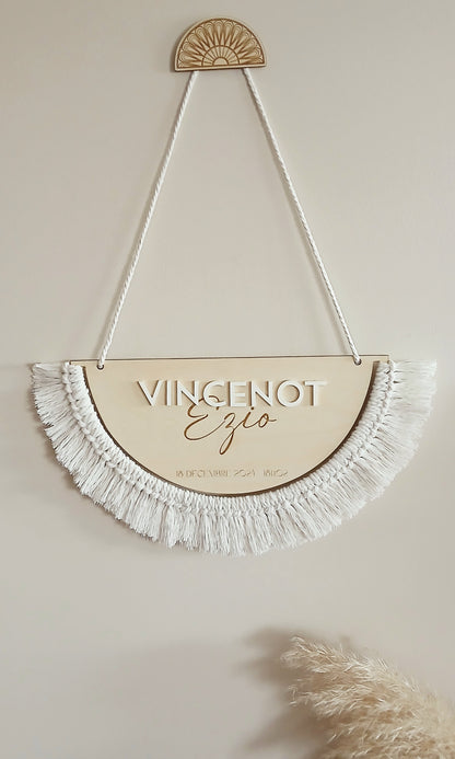 Plaque de Naissance Personnalisée | Bois & Macramé