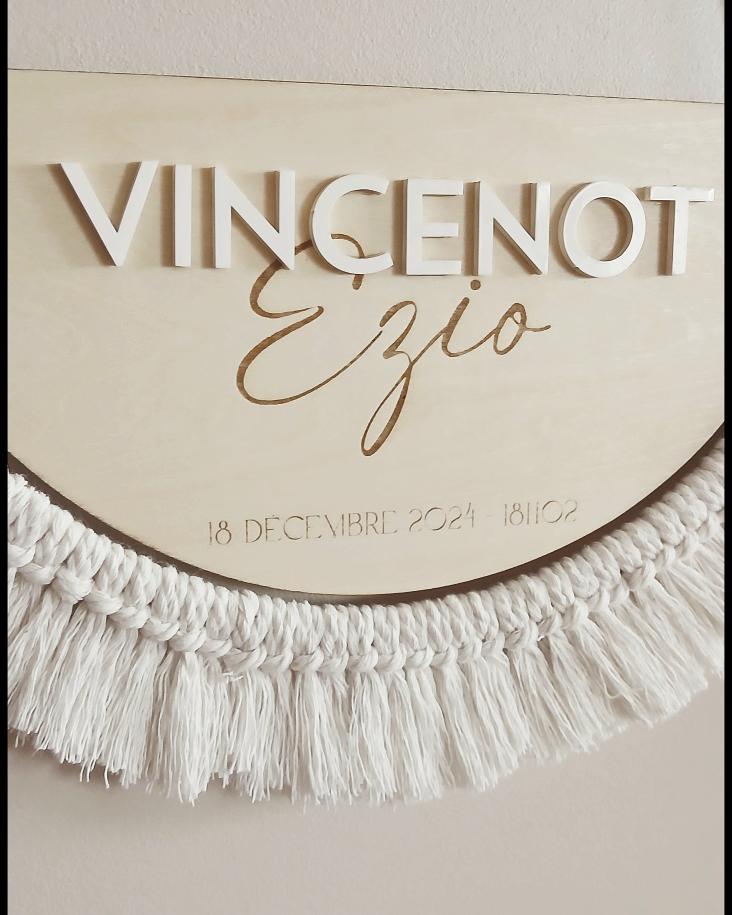 Plaque de Naissance Personnalisée | Bois & Macramé